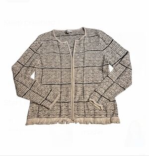 Christopher & Banks Elegant Cream and Black Tweed Zip Up Cardigan